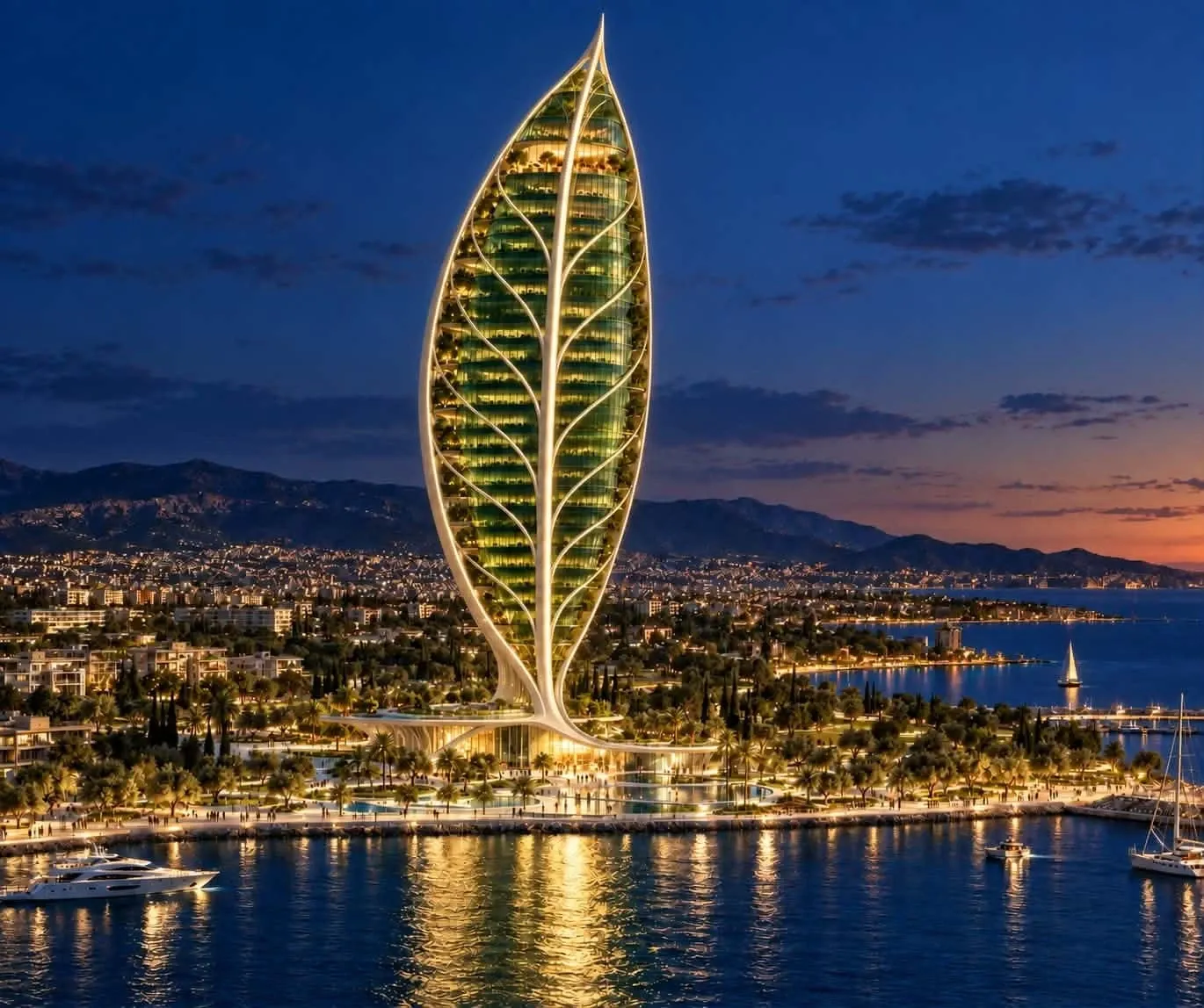 The Gold Green Leaf Tower: A landmark tower shaped like a leaf