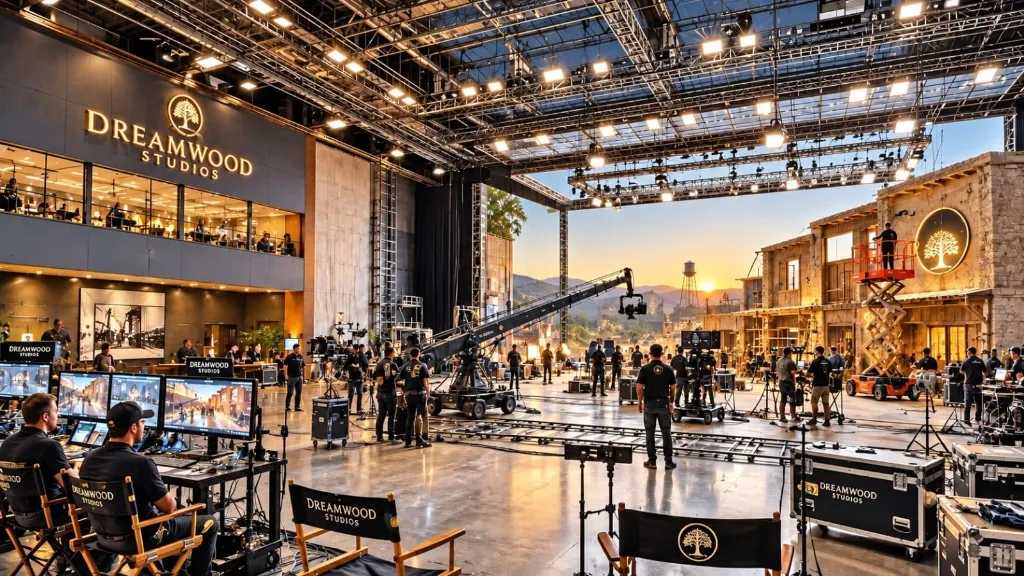 DreamWood Studios production soundstage with crew, cameras, and monitors